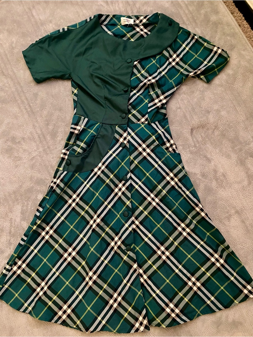 Unique Vintage Green Plaid Retro Swing Dress, Medium